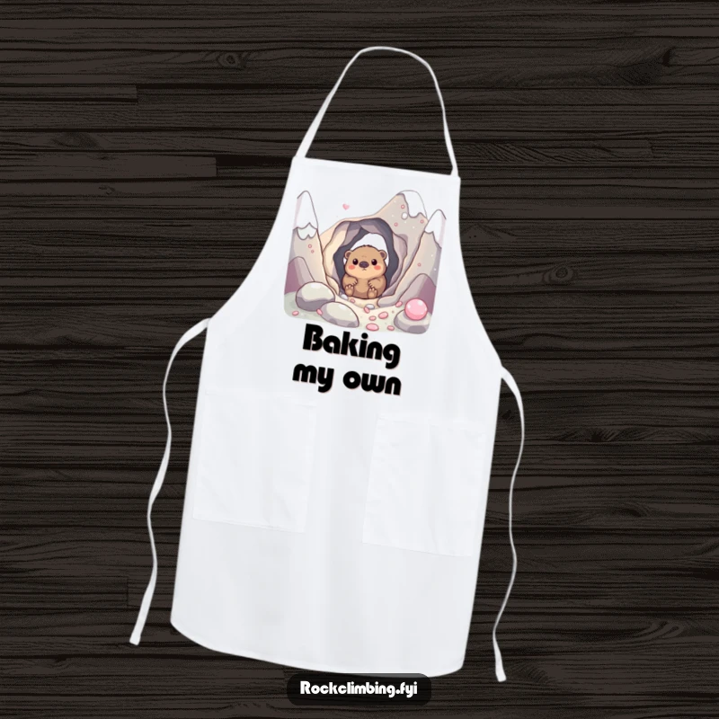 Funny apron with a curious mole peeking from a hole in a candy mountain, a humorous accessory for bakers.