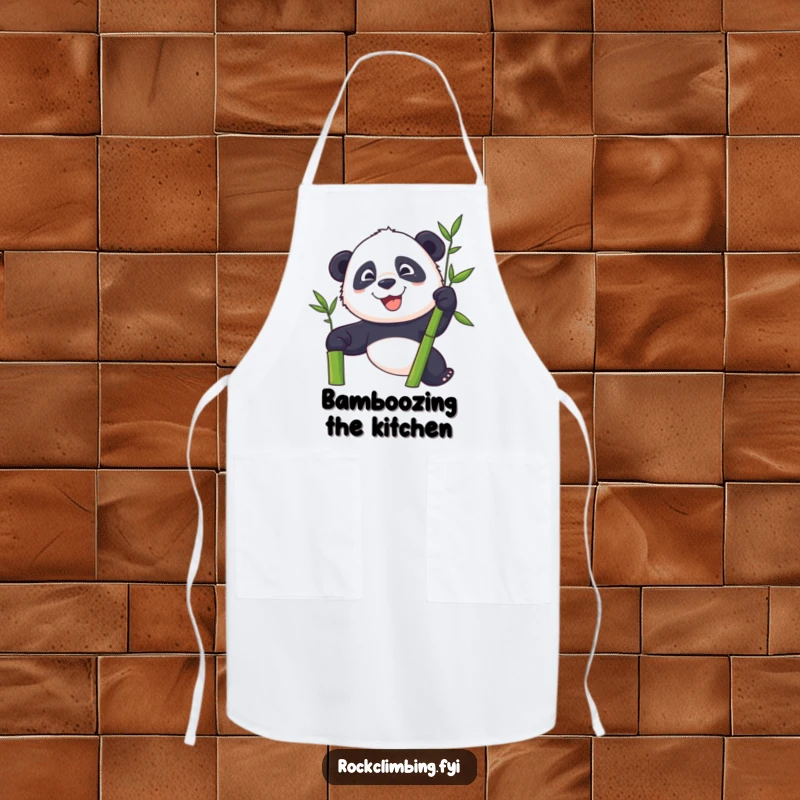 Funny panda with a determined grin climbing a bamboo stalk, on a practical kitchen apron.