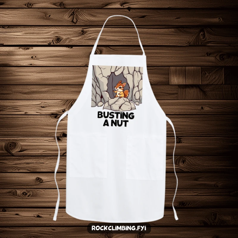 Funny chipmunk rock apron showing a chipmunk navigating a jagged rock formation. Humorous kitchen wear for adventurers.