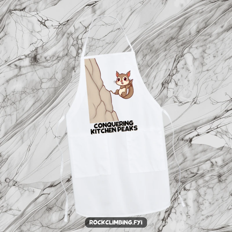 Funny squirrel apron depicting a determined squirrel scaling a cliff with a rope, ready to assist in the kitchen.