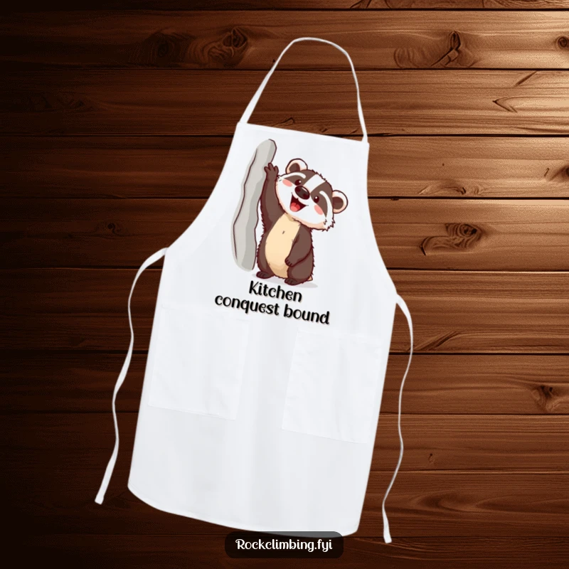 Funny badger with a piton climbing towards a ledge on a kitchen apron, ready for culinary adventures with humor.