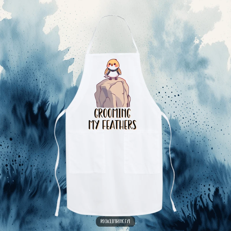 Funny bird harness apron showing a small bird with a harness, perched on a high rock. Humorous kitchen wear, ideal for a funny gift.