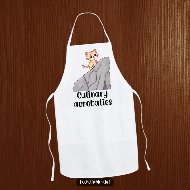 Funny cat apron showing a winking cat scaling a cliff, ideal for kitchen fun and humorous cooking.