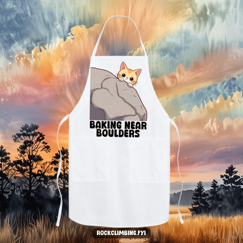 Funny curious cat peering over a massive boulder edge, whiskers twitching, looking intrigued, a practical funny apron.