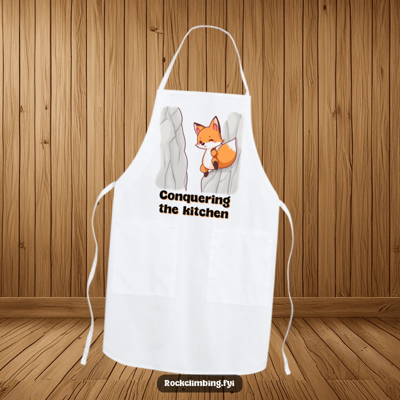 Funny apron showing a determined fox pulling itself up a steep cliff.