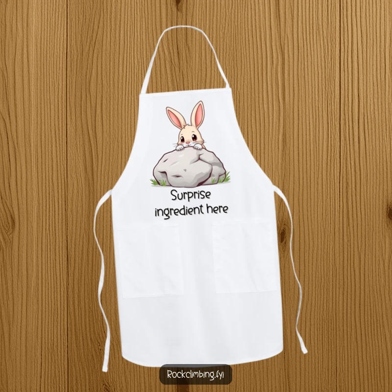 Funny Apron for cooks and bakers featuring a determined rabbit curiously peeking over a boulder, ready for culinary challenges.