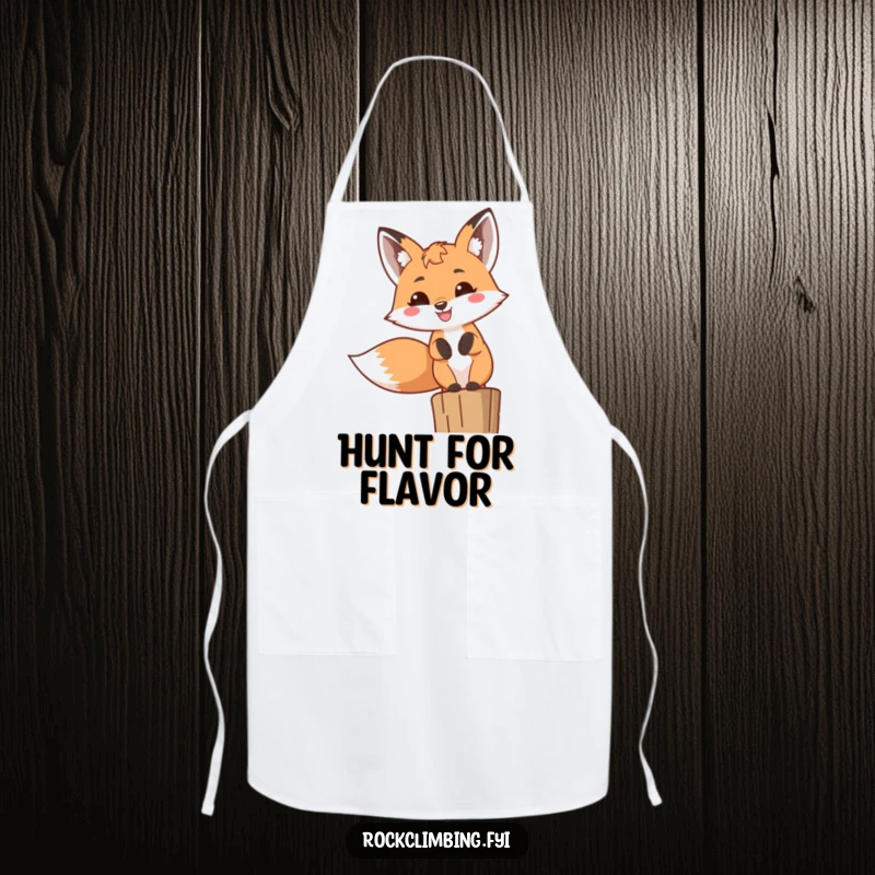 Funny Fox Apron showing a cheerful fox with a happy toothy grin, perched playfully, a humorous kitchen essential.