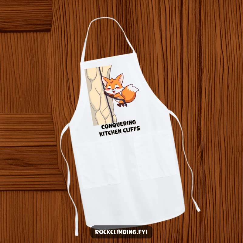 Funny Fox Rappelling Apron: A fox rappels down a cliff, bringing energetic and humorous vibes to the kitchen.