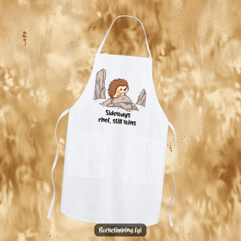 Funny apron showcasing a brave hedgehog moving sideways over rocks, looking proud and ready to cook.