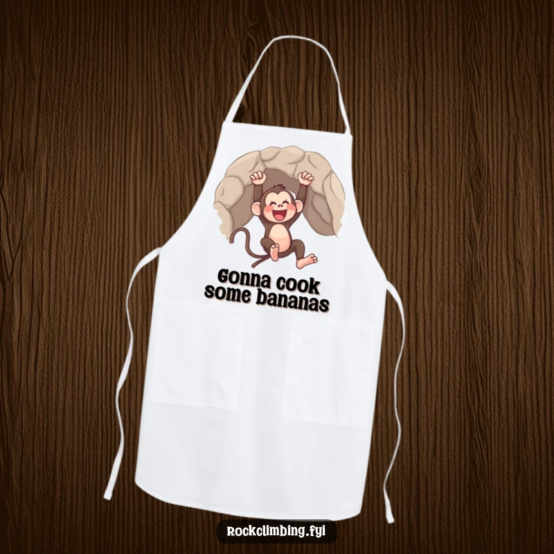 Funny apron depicting a monkey joyfully swinging from a rock, ideal for a playful cook.