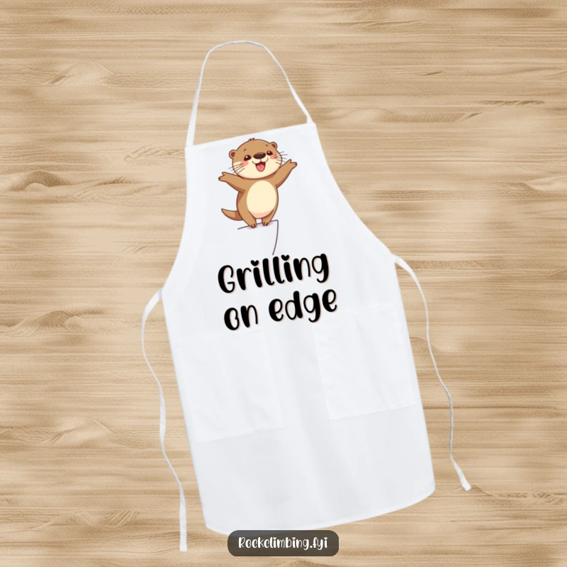 Funny cheerful otter balancing precariously on a narrow ledge with arms outstretched, looking happy and adventurous, a practical funny apron.