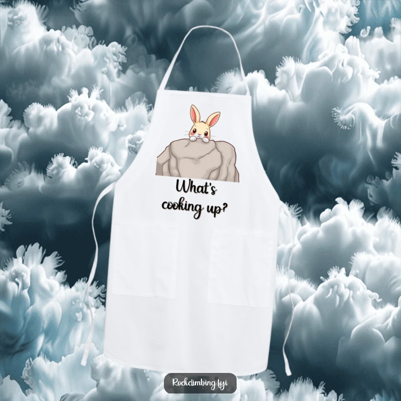 Funny apron showing a curious rabbit peeking over a rocky outcrop, ideal for gardeners and nature enthusiasts.