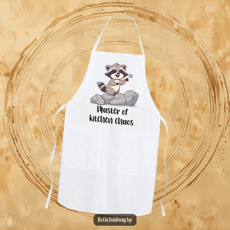 Funny raccoon apron featuring a giggling raccoon juggling rocks while climbing, a humorous garment for kitchen adventures.