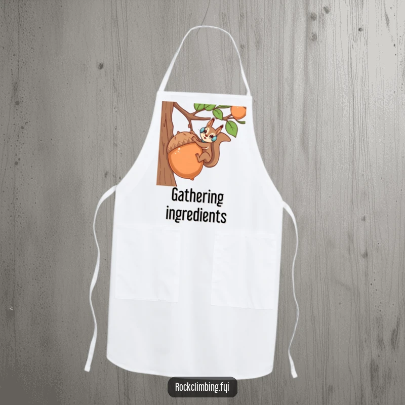 Funny squirrel chef in climbing gear scaling a giant acorn, on a practical kitchen apron.