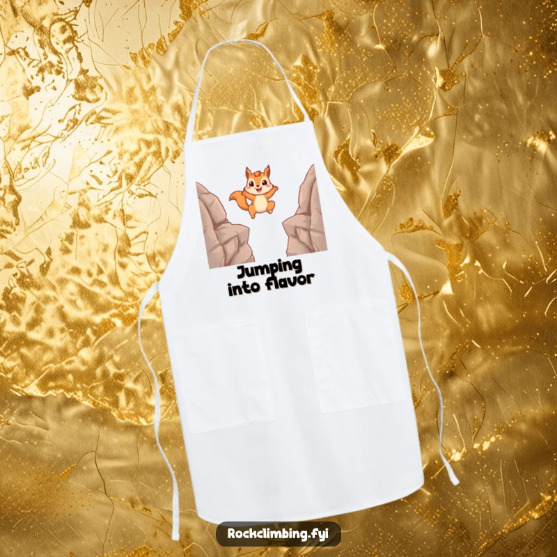 Funny squirrel apron showing a squirrel mid-leap, perfect for kitchen adventures and adding humorous flair to cooking.