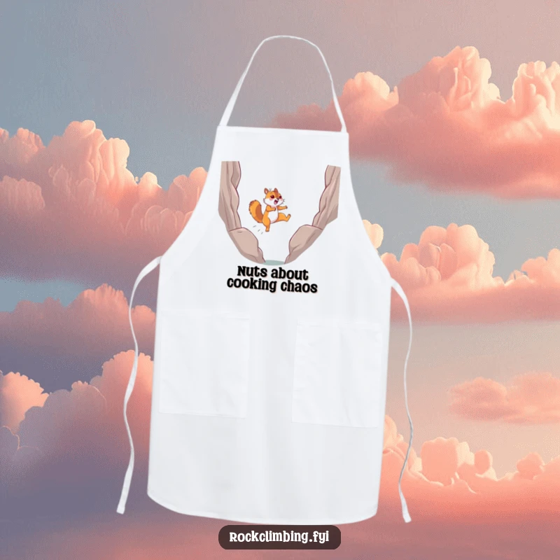 Funny determined squirrel leaping joyfully mid-air across a chasm on a chef's apron, inspiring action.