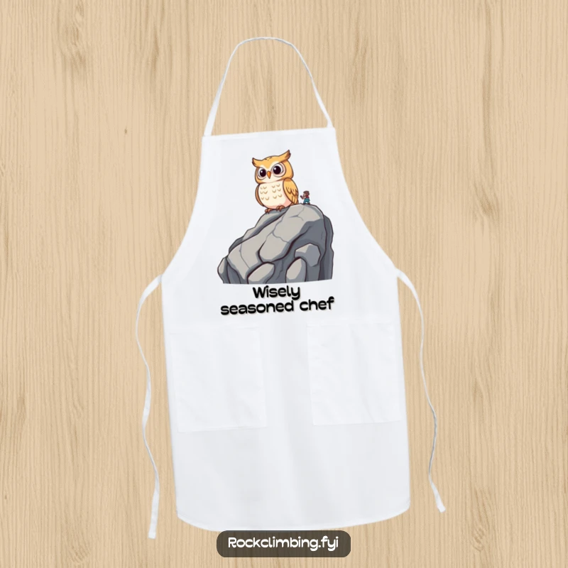 Funny wise owl perched on a rocky outcrop, observing a climber with amusement on a chef's apron.