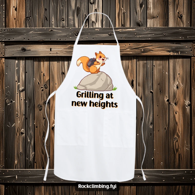 Funny joyful squirrel with a tiny backpack, ascending a large rock, on a practical and humorous apron.