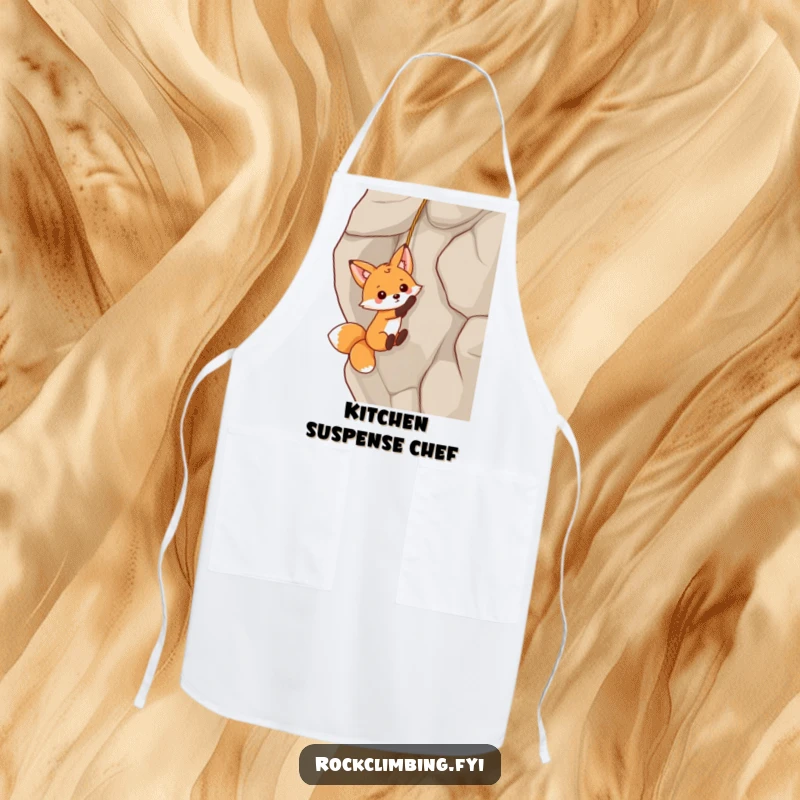 Funny fox dangling from a rock face on a kitchen apron, ready for culinary adventures with a playful, humorous touch.