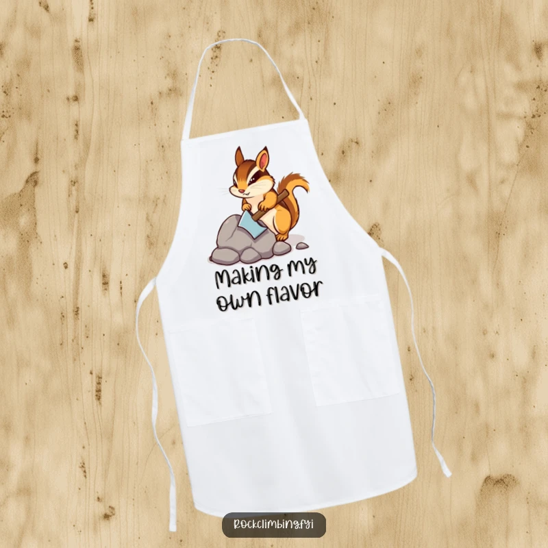 Funny apron with a determined chipmunk using a tiny pickaxe to chip away at food items, embodying a humorous kitchen mining effort.