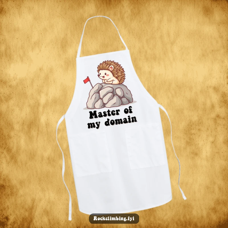 Funny apron featuring a happy hedgehog planting a flag on a rocky peak, symbolizing a cute and humorous kitchen victory.