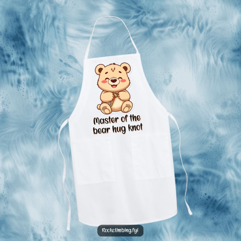 Funny bear cub apron, a grinning cub meticulously fastens a carabiner to a knot, adding humor to any kitchen task.