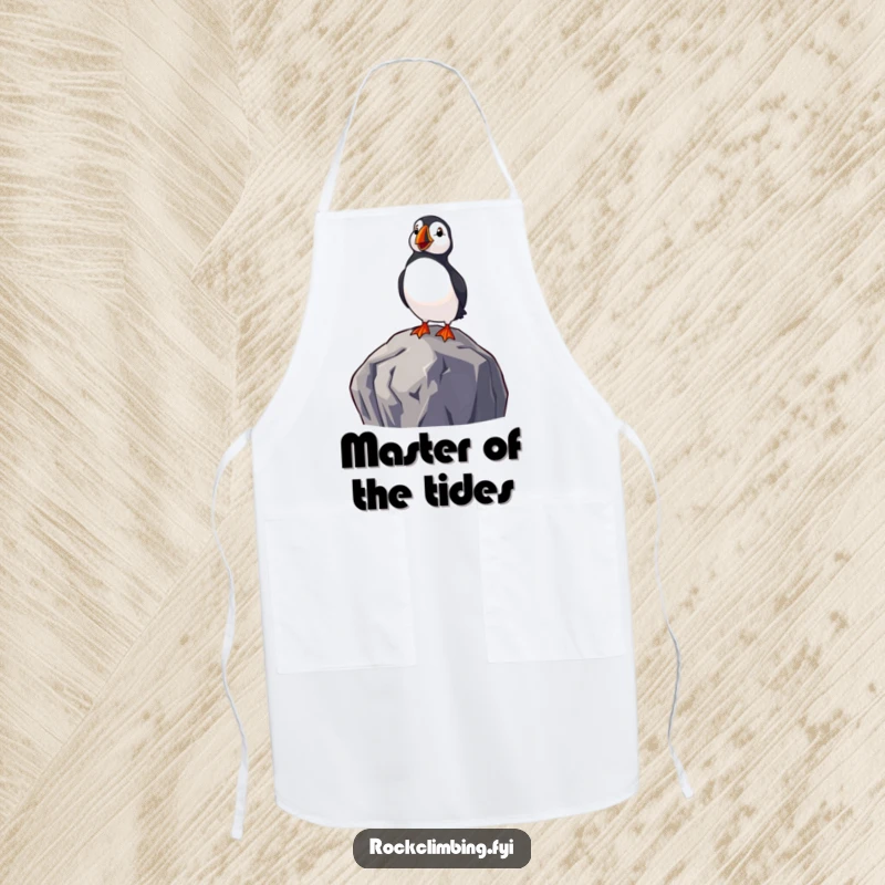 Funny apron with a delighted puffin perched on a rock by the sea, bringing humorous coastal vibes to the kitchen.