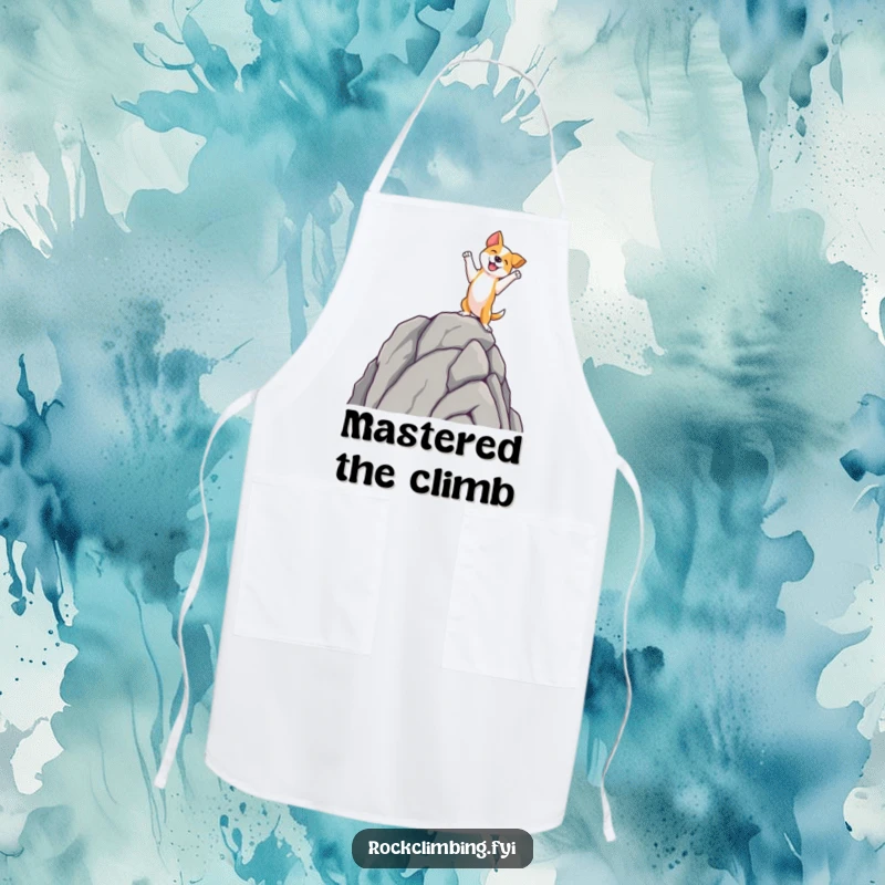 Funny dog apron with a dog standing triumphantly on a rock spire, perfect for a funny kitchen or BBQ enthusiast.