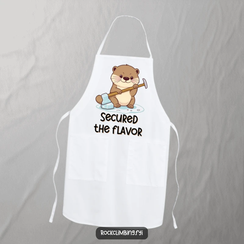 Funny Apron for the kitchen featuring a focused otter using a miniature ice axe for a secure grip, ready for culinary challenges.