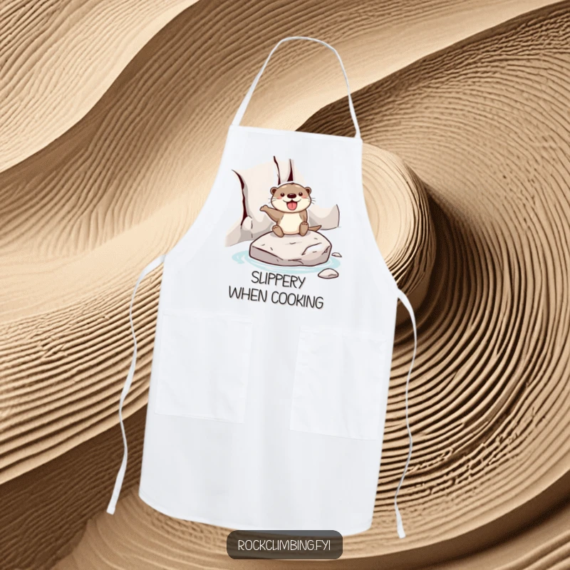 Funny otter apron featuring a joyful otter sliding down a rock face on a stone, a humorous garment for kitchen adventures.