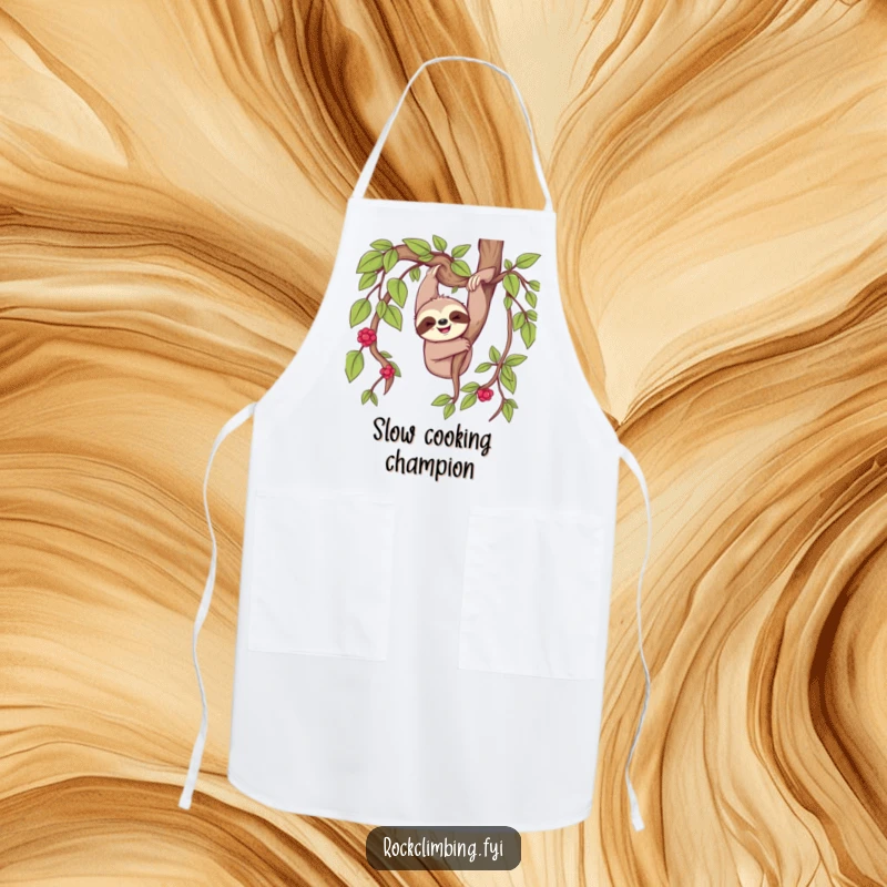 Cheerful sloth happily dangling from a thick vine, on a practical kitchen apron.