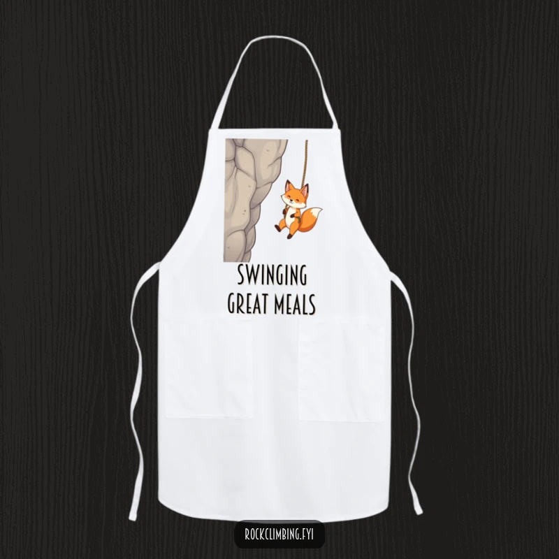 Funny Fox Apron: A playful fox swings from a rope near a crag, bringing energetic fun to kitchen tasks.