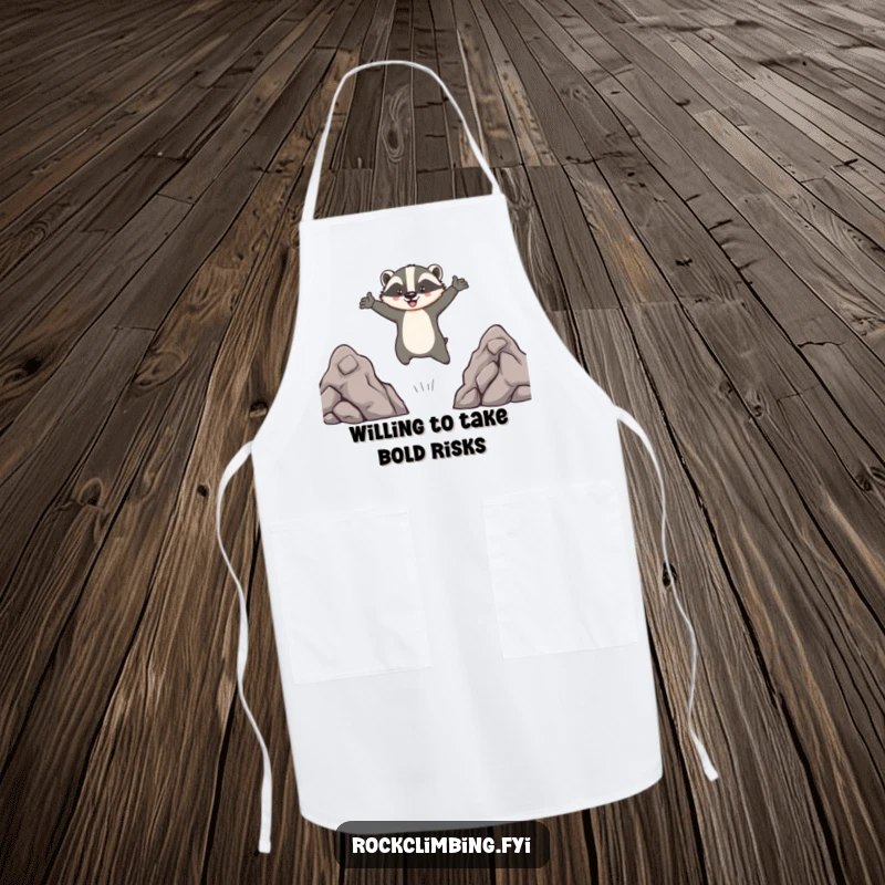 Funny apron showing a brave badger leaping energetically between kitchen counters, arms outstretched, in a comical culinary adventure scene.