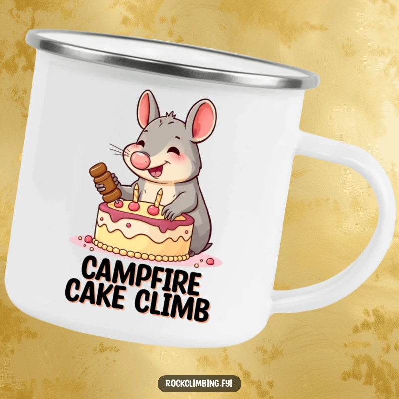 Funny camping mug with a smiling aardvark enthusiastically hammering pitons into a cake, designed for outdoor enthusiasts with a determined spirit.