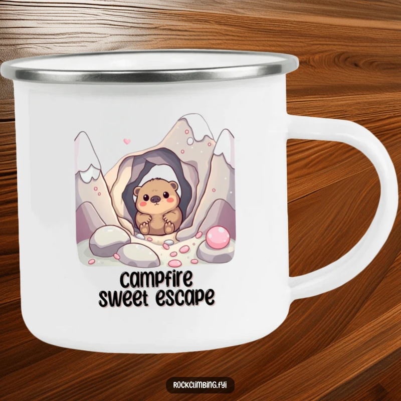 Funny camping mug with a curious mole peeking from a hole in a candy mountain, designed for outdoor lovers with a sweet tooth.