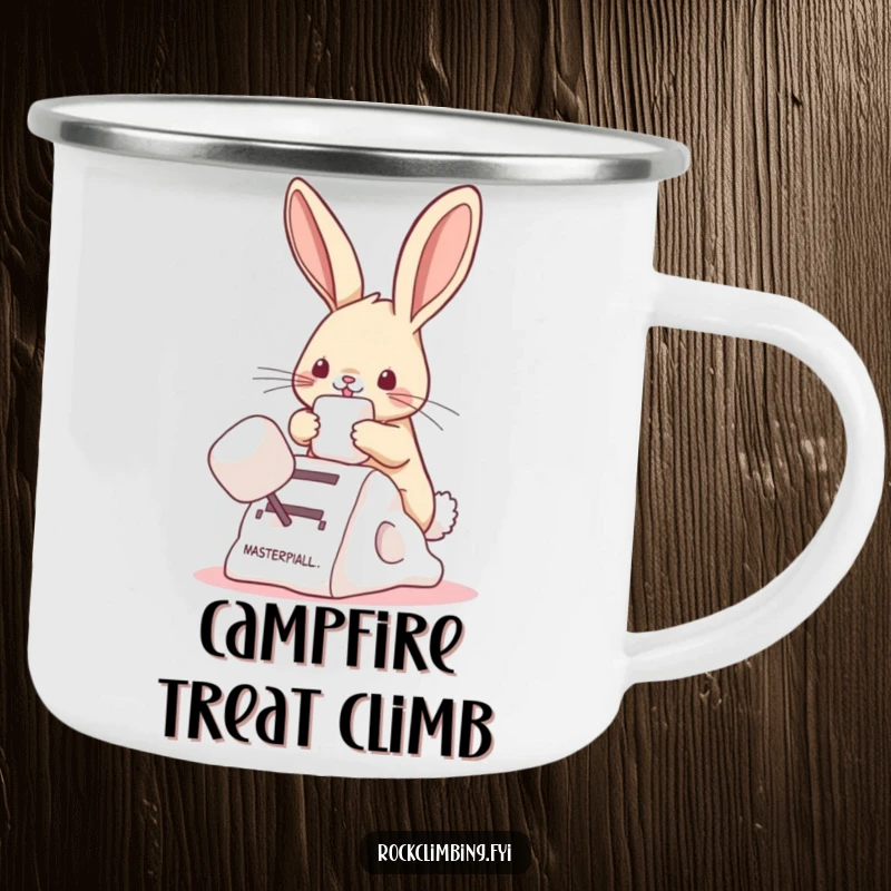 Funny bunny camping mug showing a bunny climbing a marshmallow, ideal for outdoor enjoyment and sweet humor.