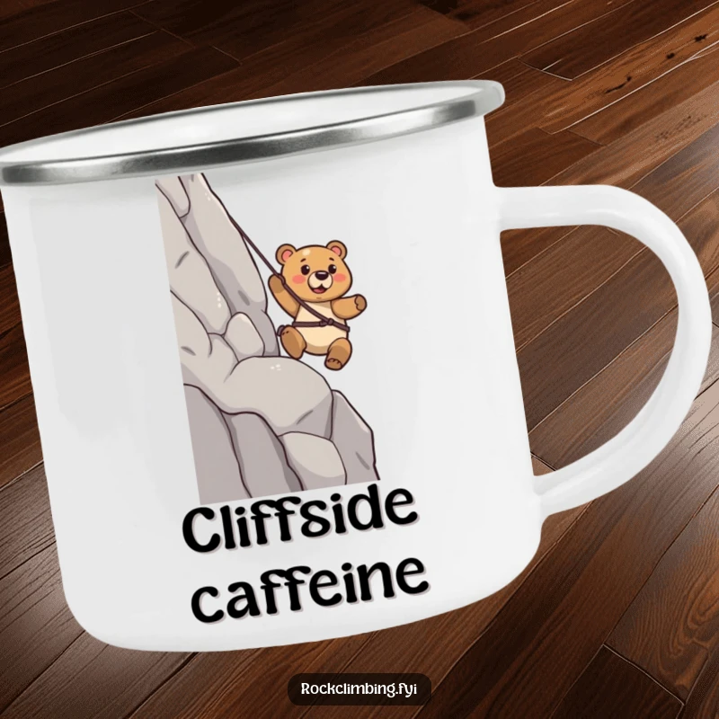 Funny Bear Camping Mug: A determined bear confidently rappels down a cliff, perfect for rugged outdoor enjoyment.