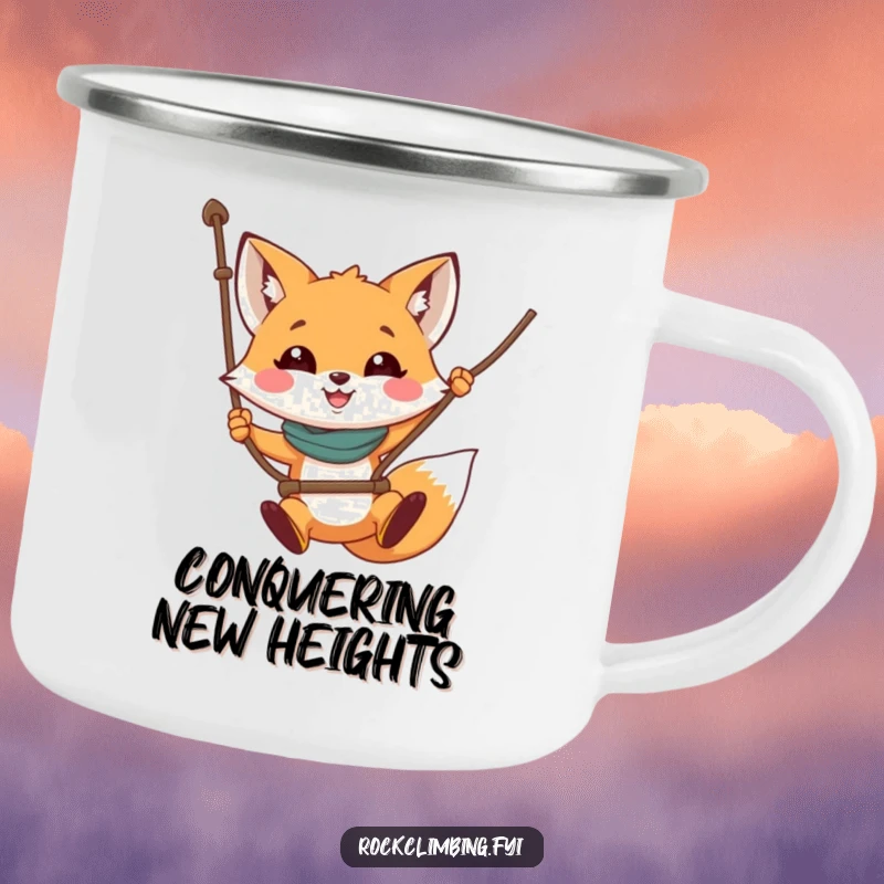 Funny fox camping mug showing a smiling fox swinging on a rope, ideal for outdoor enthusiasts and humor lovers.