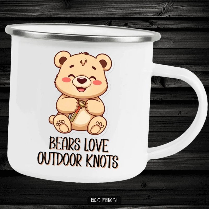 Funny bear cub camping mug, a grinning cub skillfully attaches a carabiner to a knot, ready for any outdoor challenge.