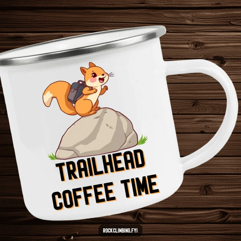 Funny joyful squirrel with a tiny backpack, climbing a large rock, on a durable camping mug.