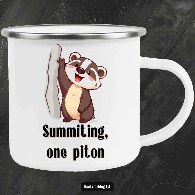 Funny badger with a piton climbing toward a ledge on a durable camping mug, ideal for outdoor enthusiasts.