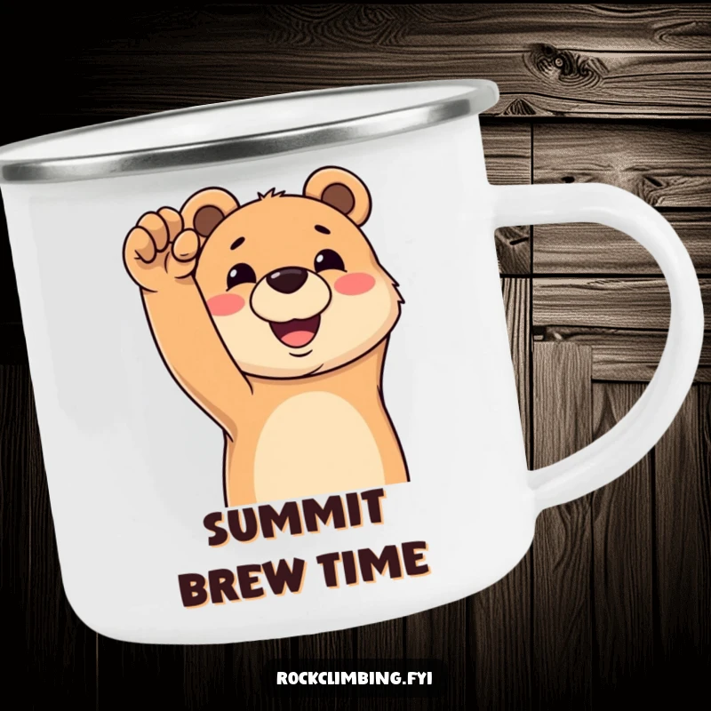 Funny camping mug featuring a happy bear grinning while reaching for a challenging climbing hold, ready for a summit brew.