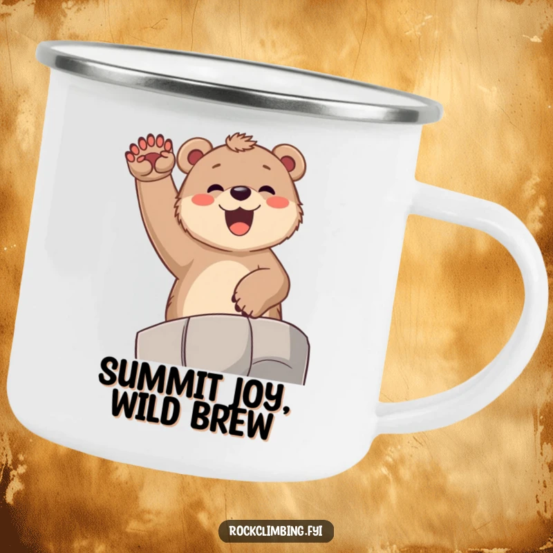 Funny bear cub camping mug, depicting a joyful cub cheering from a high ledge with paws raised, ideal for happy outdoor moments.