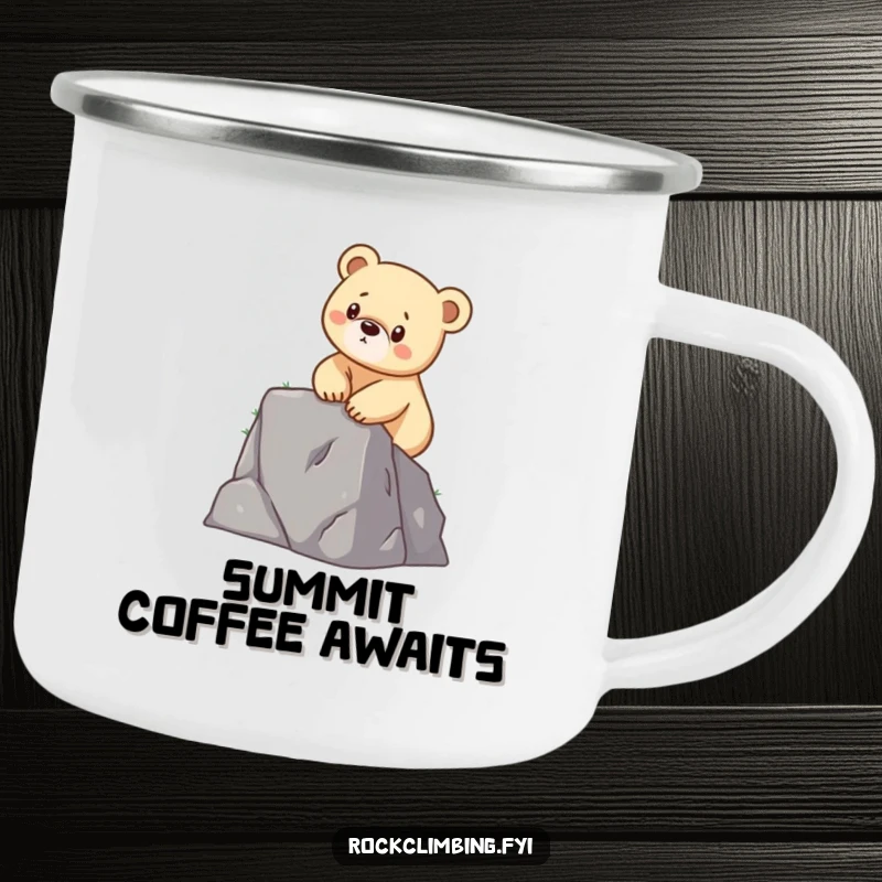 Funny camping mug with a determined bear cub scaling a small cliff, perfect for enjoying beverages during outdoor adventures.