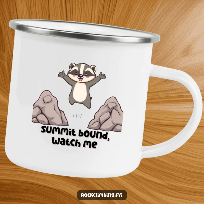 Funny camping mug featuring a brave badger mid-leap between rocks, arms outstretched, perfect for enjoying drinks during outdoor adventures.