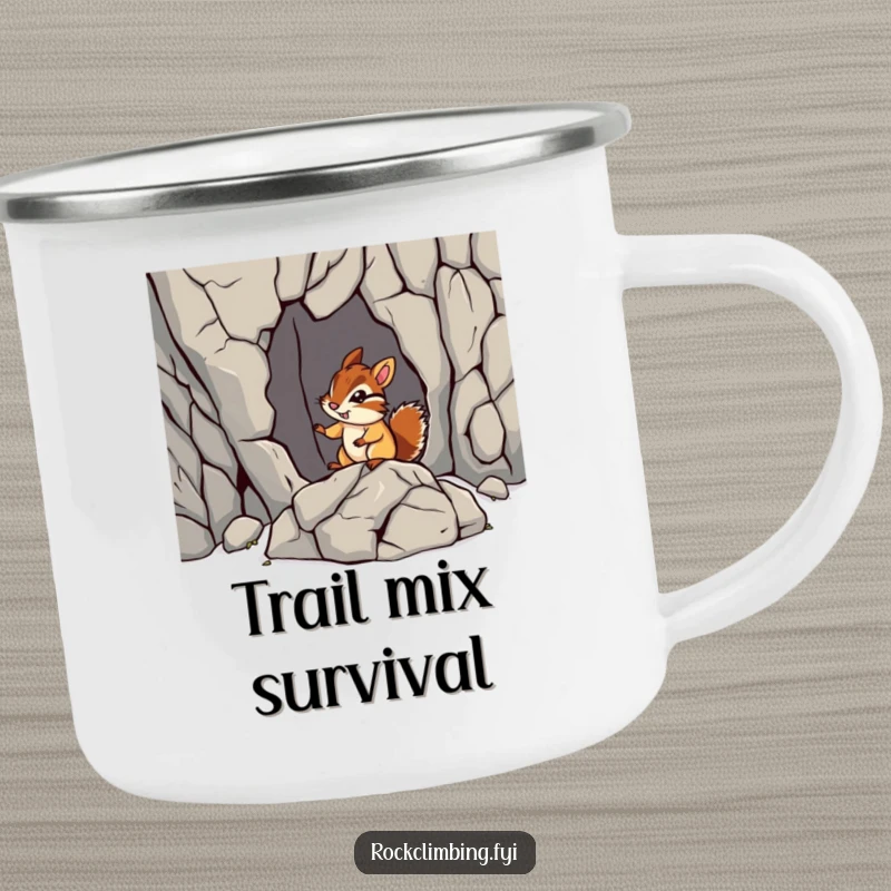 Funny chipmunk rock camping mug showing a chipmunk navigating a jagged rock formation. Humorous and durable for outdoor adventures.