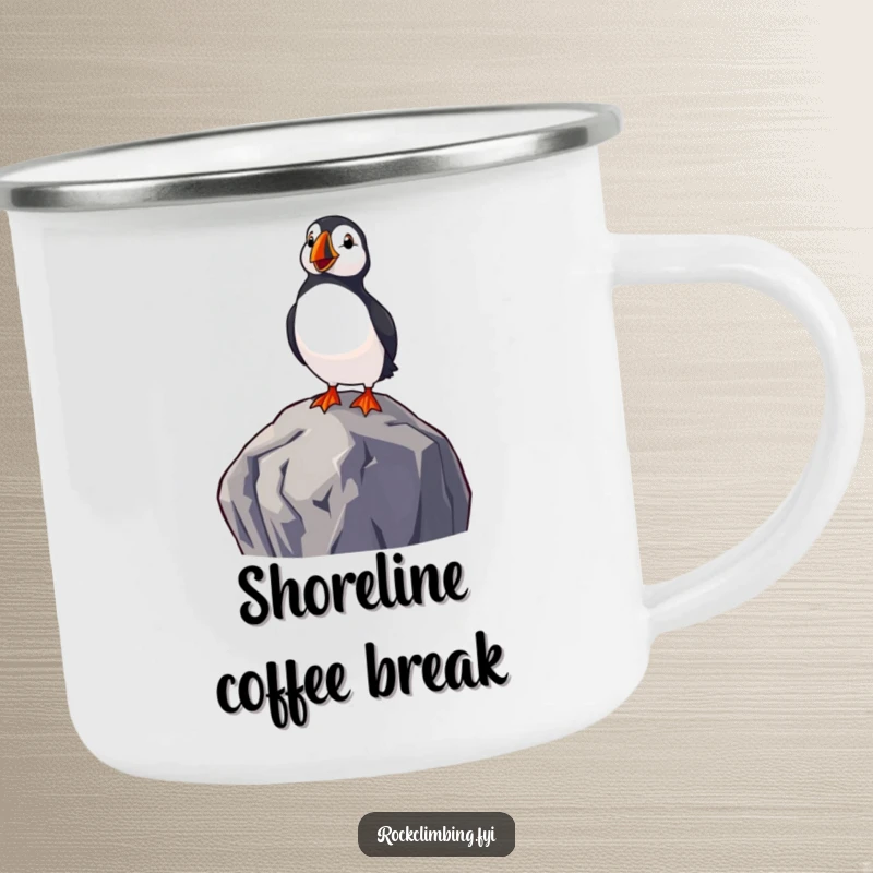 Funny camping mug featuring a delighted puffin perched on a rock overlooking the sea, bringing humorous coastal vibes to outdoor drinks.