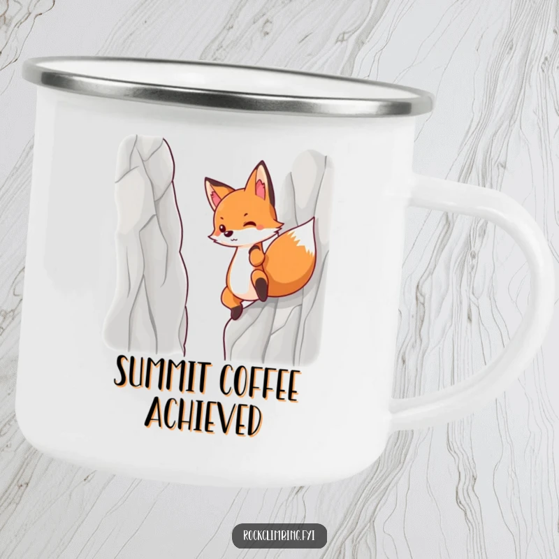 Funny camping mug of a determined fox pulling itself up a steep cliff in an outdoor setting.