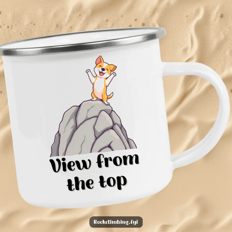Funny dog camping mug showing a happy dog reaching the summit of a rock spire, perfect for outdoor adventures.