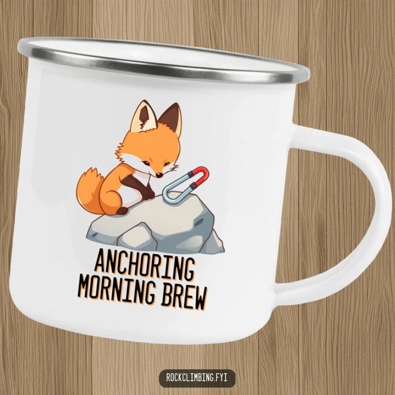 Funny fox camping mug, depicting a focused fox carefully placing a tiny carabiner on a rock, perfect for outdoor preparation and humor.